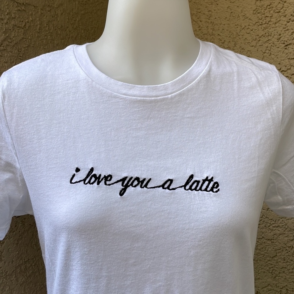 New white/navy blue “I love you a Latte” cotton tee shirt
